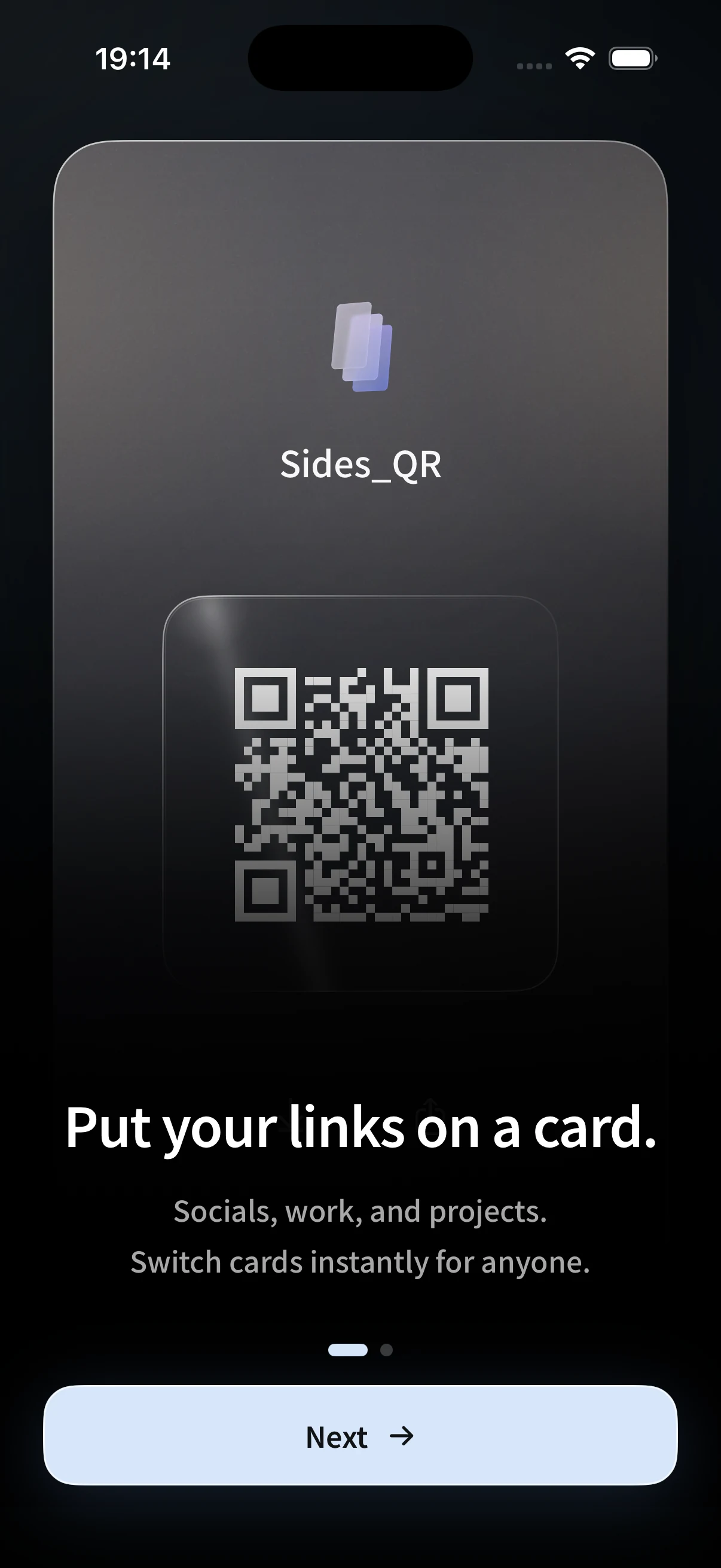 QRリンクカードを表示したSidesアプリのオンボーディング画面