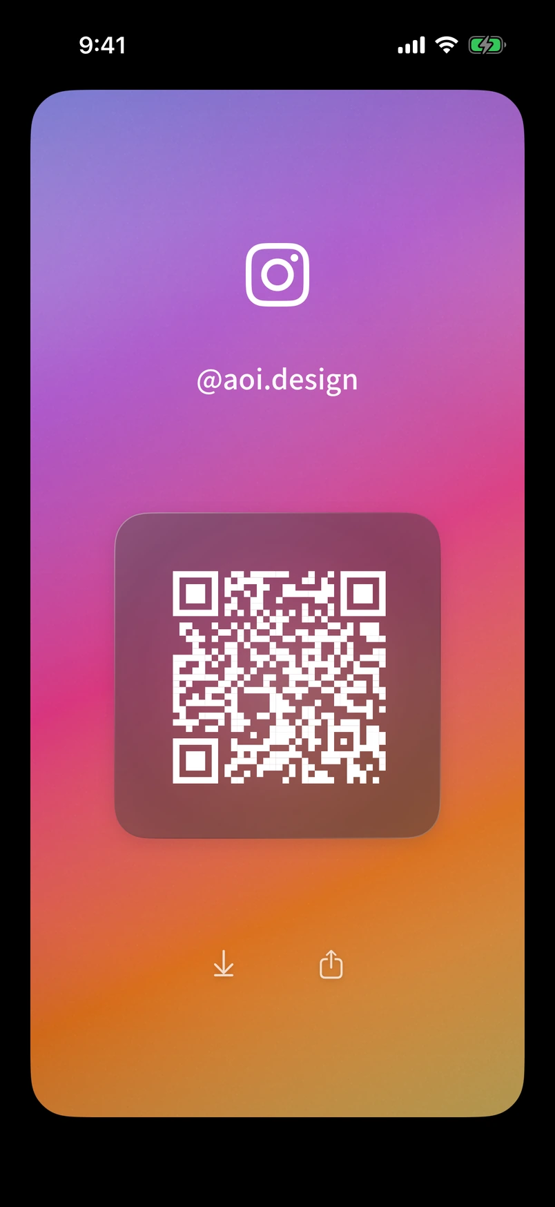 An Instagram profile card in Sides with a QR code and save and share buttons